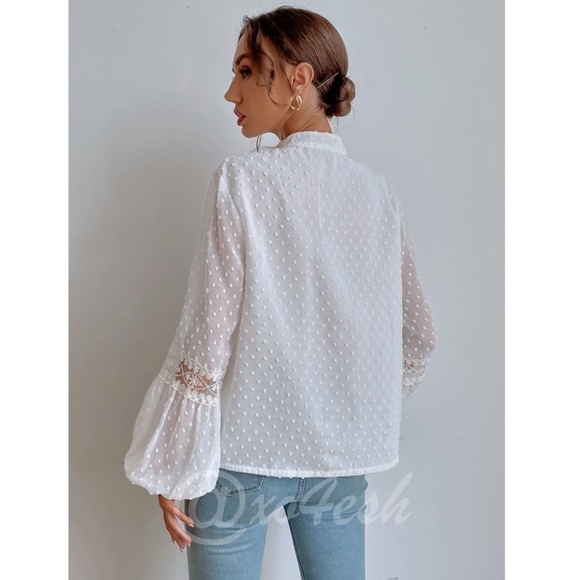 White Blouse Shirt Lantern Sleeves Tassel Ties French Style V-Neck Lace Detail - Picture 5 of 9